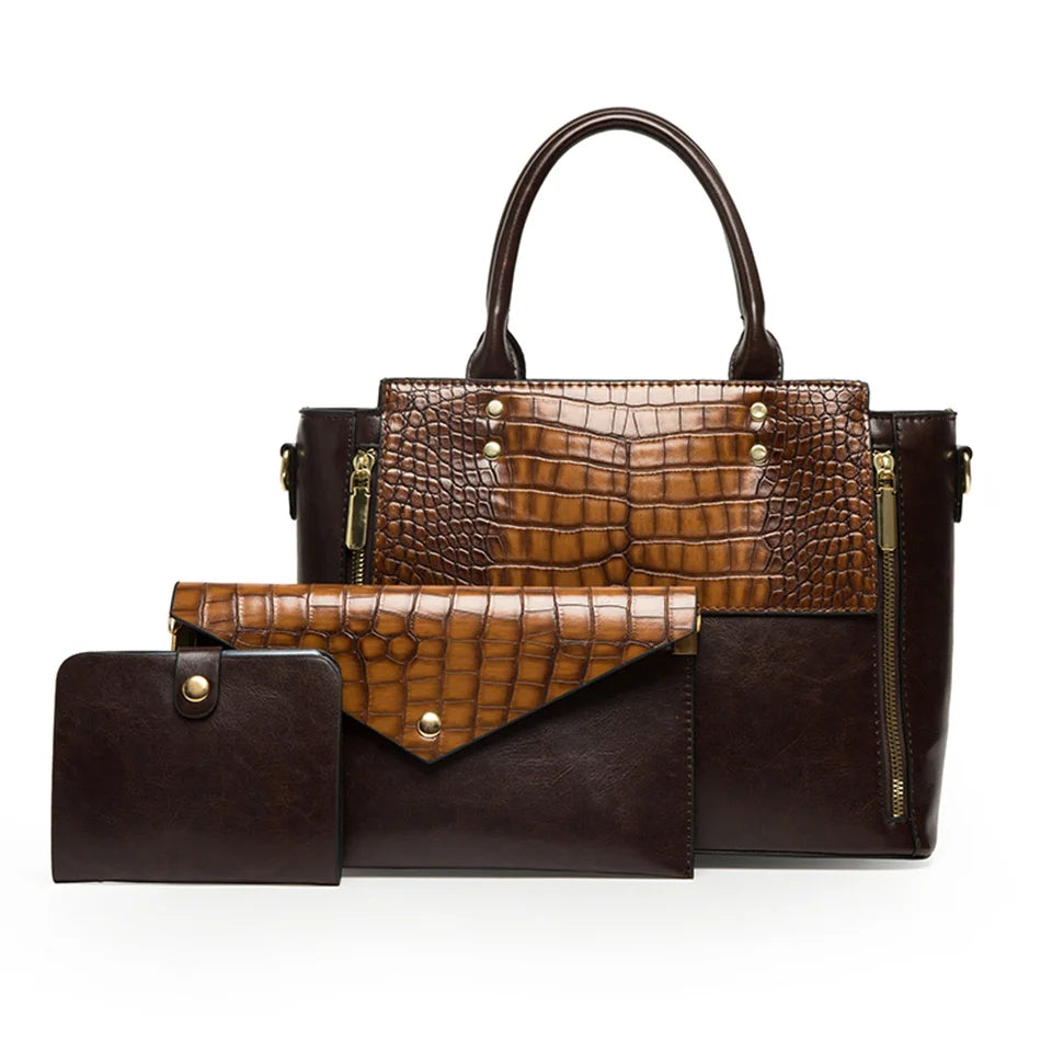 3 PC Luxury Patent Leather Alligator Pattern Handbag Set