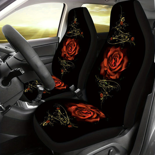 Red Rose Print Car Seat Cover For 5 Seats
