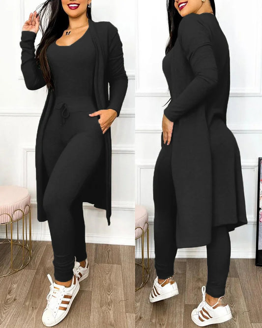 Two Piece Drawstring U-Neck Sleeveless Skinny Jumpsuit & Long Sleeve Coat Set
