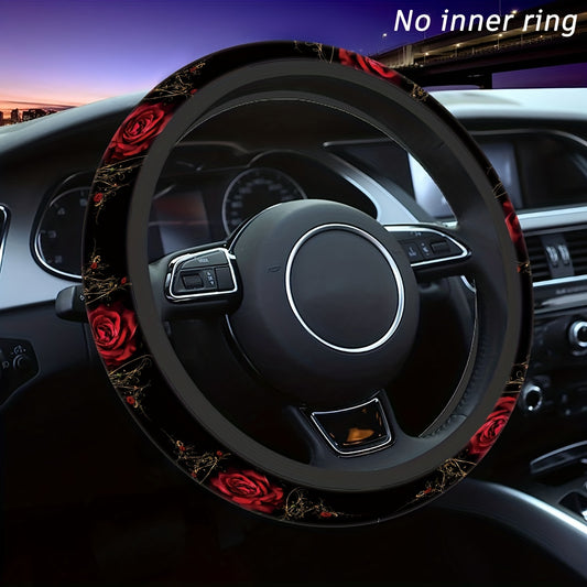 Red Rose Print Car Steering Wheel Cover (No Inner Ring)