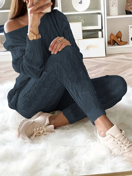 Solid Knitted Casual Long Sleeve Sweater & Pants Outfit